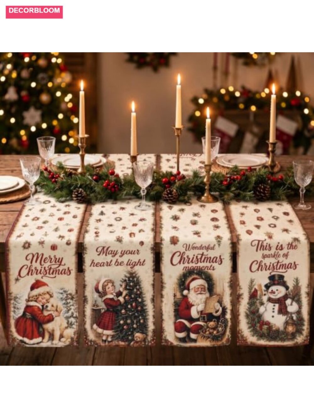 4 Pc Vintage Christmas Polyester Table Runner Set 13x72 Retro Holiday Decor